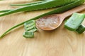 Sliced and leaf of fresh aloe vera with aloe vera gel product on