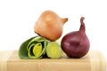 Sliced leek between red and yellow onions Royalty Free Stock Photo