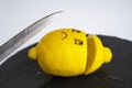 sliced lemon and fruit knife cutting board, drama, joke, tragedy, crime