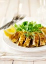 Sliced lemon herb crusted chicken breast, copy space for your text Royalty Free Stock Photo