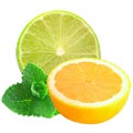 sliced lemon and lime with mint isolated on a white background