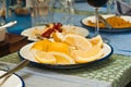 Sliced lemons on a white plate at a outdoor cafe in Madrid, Spain Royalty Free Stock Photo