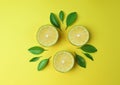 Sliced lime lemon with green leaf on yellow background