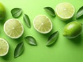 Sliced limes and leaves on green background Royalty Free Stock Photo
