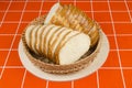 Sliced loaf of bread  in the basket on a wooden tray.Composition of bakery products. Royalty Free Stock Photo