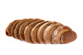 Sliced loaf of rye bread isolated on a white background. Bread slices viewed from above. Top view Royalty Free Stock Photo