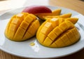 Sliced mangoes displayed on a white plate, featuring two mango Royalty Free Stock Photo
