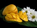 Sliced Mangoes On Leaf