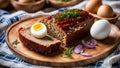 Sliced meatloaf with egg on a plate with boiled egg