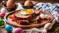 Sliced meatloaf with egg on a plate with boiled egg