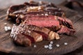 Sliced medium rare grilled beef steak ribeye close-up