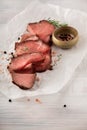 Sliced medium rare grilled roast beef ribeye steak