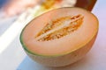Sliced Mexican melon, honey melon, or cantaloupe natural background. Summer fruit. Natural and healthy concept.
