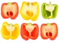 Sliced multicolored sweet pepper isolated on white