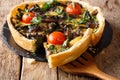 Sliced mushroom tart with cheese and tomatoes close-up. horizontal Royalty Free Stock Photo