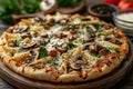 sliced mushrooms pizza with penne pasta on brown wooden platter. Generative AI