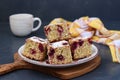 Sliced oatmeal pie with cherry sprinkled with powdered sugar on a plate on a dark background