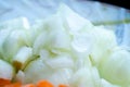 Sliced onions. A plate with vegetables. Diced onions close-up. Healthy diet. Proper nutrition. Vegetables. Natural products.