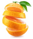 Sliced orange fruit with leaves isolated on white background. File contains clipping path Royalty Free Stock Photo