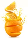 Sliced orange fruit splashing around orange juice on the white background Royalty Free Stock Photo