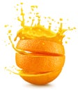 Sliced orange fruit splashing around orange juice on the white background. File contains clipping path Royalty Free Stock Photo