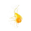 Sliced orange fruit splashing around orange juice white background. Royalty Free Stock Photo