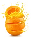 Sliced orange fruit splashing around orange juice on the white background. File contains clipping path Royalty Free Stock Photo