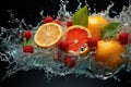 Sliced orange, raspberry with mint leaves in water splashes on black background.