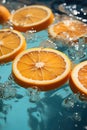 Sliced orange in transparent pool water, Creative summer composition, Refreshment concept, Healthy drink theme Royalty Free Stock Photo