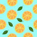 Sliced oranges seamless pattern with leaves