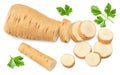 sliced parsnip root isolated on white background. clipping path