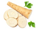 sliced parsnip root isolated on white background. clipping path