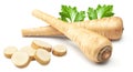 sliced parsnip root isolated on white background. clipping path