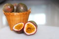 Sliced passion fruits with wood basket Royalty Free Stock Photo