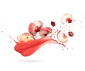 Sliced peaches with splash of fresh juice, isolated on white background Royalty Free Stock Photo