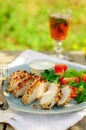 Sliced peanut crusted chicken breast with fresh salad Royalty Free Stock Photo