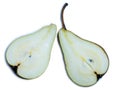 Sliced pear on a white background. One of the varieties of pear. The pulp of the cut fruit. Pieces of southern fruit. Plantation