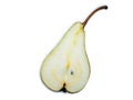 Sliced pear on a white background. One of the varieties of pear. The pulp of the cut fruit. Pieces of southern fruit. Plantation