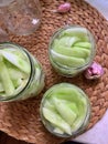 Sliced peeled cucumbers, pickling pickles, pickled cucumbers, homemade preserves, green vegetables, garlic Royalty Free Stock Photo