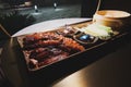 Sliced peking duck with crispy crust in cafe. Royalty Free Stock Photo