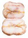 Sliced piece of hot smoked sturgeon fish isolated