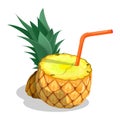 Sliced pineapple, juicy ananas with cocktail straw. Harvesting tropical fruits. Cartoon realistic vector isolated on white