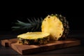 Sliced pineapple stands on a wooden board on a dark background