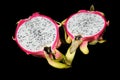 Sliced pitahaya or dragon fruit on black background.