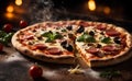 Sliced Pizza with cheese, salami, Tomatoes, pepper, Spices and Fresh Basil on dark background Royalty Free Stock Photo