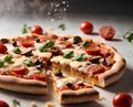Sliced Pizza with cheese, salami, Tomatoes, pepper, Spices and Fresh Basil on light background Royalty Free Stock Photo