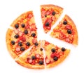 Sliced pizza with olives isolated