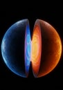 Sliced planetary sphere divided into two halves: left is blue, right is orange-red. Inner Royalty Free Stock Photo