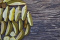 Sliced porcini mushrooms before drying. Sliced dried natural porcini mushrooms on a wood background. Royalty Free Stock Photo