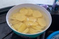 Sliced potatoes in water in a metal bowl Royalty Free Stock Photo